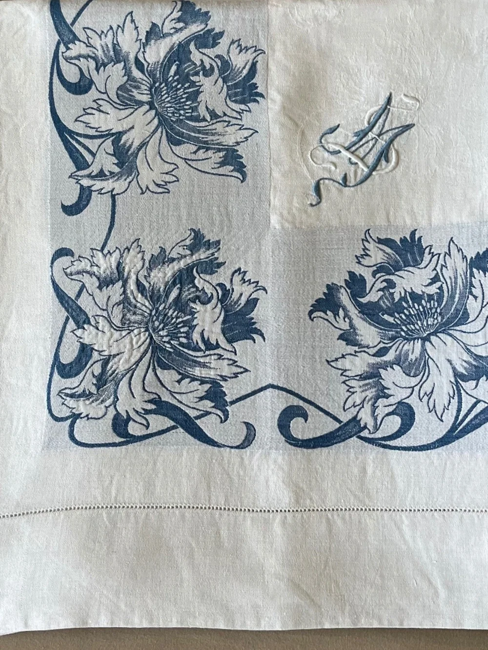 Vintage French Style Floral Damask Tablecloth with Embroidered Monogram MS